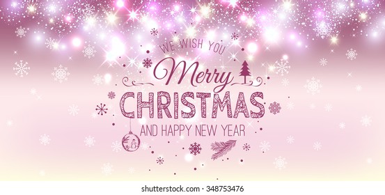 Christmas And New Year Typographical on Pink Xmas background with snowflakes, light, stars. Vector Illustration. Xmas card