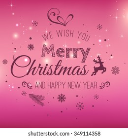 Christmas And New Year Typographical on Pink Xmas background with snowflakes, light, stars. Vector Illustration. Xmas card
