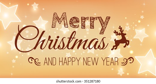 Christmas And New Year Typographical on gold Xmas background with snowflakes, light, stars. Vector Illustration. Xmas card