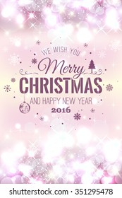 Christmas And New Year Typographical on Pink Xmas background with snowflakes, light, stars. Vector Illustration. Xmas card