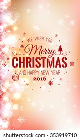 Christmas And New Year Typographical on shiny Xmas background with snowflakes, light, stars. Vector Illustration. Xmas card