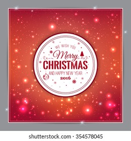 Christmas And New Year Typographical on shiny Xmas background with snowflakes, light, stars. Vector Illustration. Xmas card