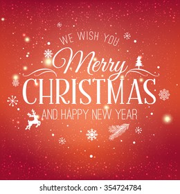 Christmas And New Year Typographical on shiny Xmas background with snowflakes, light, stars. Vector Illustration. Xmas card