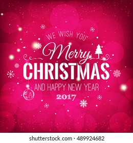 Christmas and New Year typographical on holidays background with snowflakes, light, stars. Vector Illustration. Xmas card