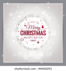 Christmas And New Year Typographical on shiny Xmas background with snowflakes, light, stars. Vector Illustration. Xmas card