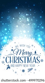 Christmas and New Year typographical on holidays background with snowflakes, light, stars. Vector Illustration. Xmas card