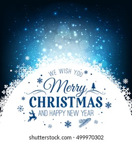 Christmas and New Year typographical on holidays background with snowflakes, light, stars. Vector Illustration. Xmas card