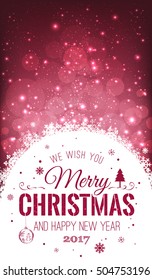 Christmas and New Year typographical on holidays background with snowflakes, light, stars. Vector Illustration. Xmas card