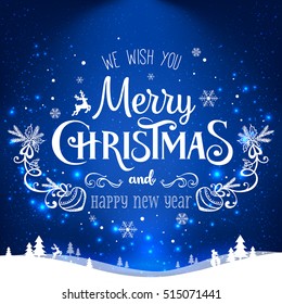 Christmas and New Year typographical on background with winter landscape with snowflakes, light, stars. Xmas card. Vector Illustration