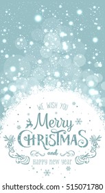 Christmas and New Year typographical on holidays background with snowflakes, light, stars. Vector Illustration. Xmas card