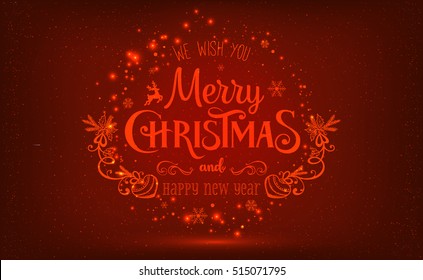 Christmas And New Year Typographical on shiny Xmas background with snowflakes, light, stars. Vector Illustration. Xmas card