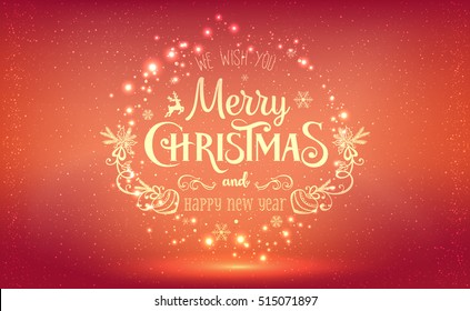 Christmas And New Year Typographical on shiny Xmas background with snowflakes, light, stars. Vector Illustration. Xmas card