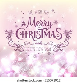 Christmas And New Year Typographical on pink Xmas background with snowflakes, light, stars. Vector Illustration. Xmas card