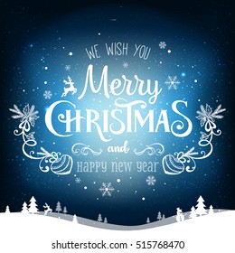 Tipografía navideña y Año Nuevo sobre fondo con paisaje invernal con copos de nieve, luz, estrellas. Tarjeta de Navidad. Ilustración vectorial