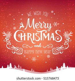 Christmas and New Year typographical on background with winter landscape with snowflakes, light, stars. Xmas card. Vector Illustration