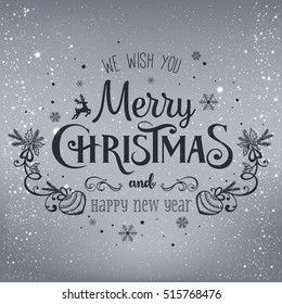 Christmas and New Year typographical on holidays background with snowflakes, light, stars. Vector Illustration. Xmas card