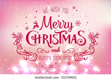 Christmas and New Year typographical on holidays background with snowflakes, light, stars. Vector Illustration. Xmas card