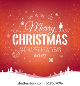 Christmas and New Year Typographical on shiny Xmas background with winter landscape with snowflakes, light, stars. Merry Christmas card. Vector Illustration