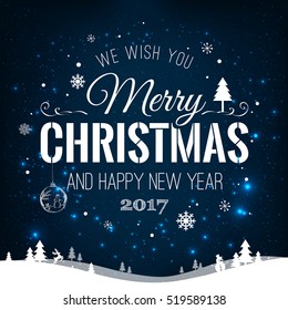 Christmas and New Year Typographical on shiny Xmas background with winter landscape with snowflakes, light, stars. Merry Christmas card. Vector Illustration