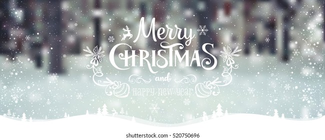 Christmas and New Year typographical on holidays background with snowflakes, light, stars. Vector Illustration. Xmas card