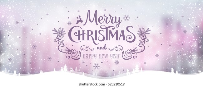 Tipografía navideña y Año Nuevo sobre fondo de vacaciones con copos de nieve, luz, estrellas. Ilustración vectorial. Tarjeta de Navidad