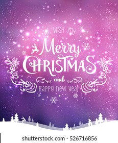 Christmas and New Year typographical on background with winter landscape with snowflakes, light, stars. Xmas card. Vector Illustration