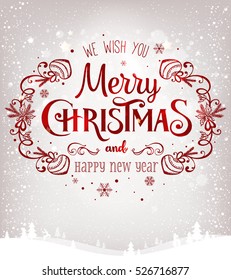 Christmas and New Year typographical on background with winter landscape with snowflakes, light, stars. Xmas card. Vector Illustration