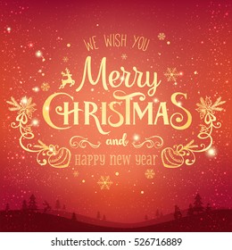 Christmas and New Year typographical on background with winter landscape with snowflakes, light, stars. Xmas card. Vector Illustration