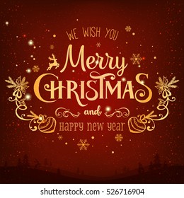 Christmas And New Year Typographical on shiny Xmas background with snowflakes, light, stars. Vector Illustration. Xmas card