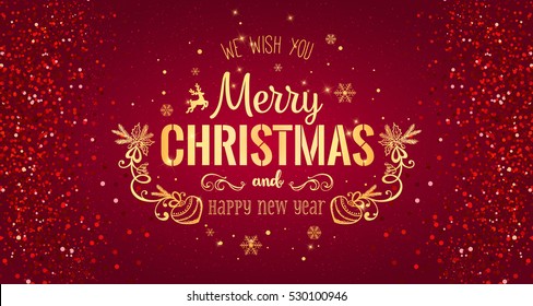 Christmas and New Year typographical on red background with Gold glitter texture. Vector illustration for golden shimmer background. Xmas card. Vector Illustration