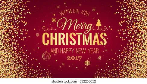 Christmas and New Year typographical on red background with Gold glitter texture. Vector illustration for golden shimmer background. Xmas card. Vector Illustration