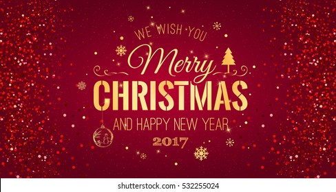 Christmas and New Year typographical on red background with Gold glitter texture. Vector illustration for golden shimmer background. Xmas card. Vector Illustration