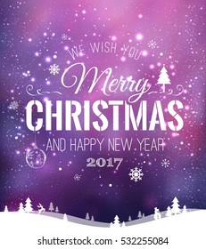 Christmas and New Year typographical on background with winter landscape with snowflakes, light, stars. Xmas card. Vector Illustration