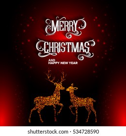 Christmas and New Year Typographical on shiny. red background with deer with fire, light, stars. Merry Christmas card. Vector Illustration
