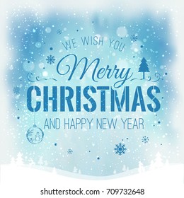 Christmas and New Year typographical on background with winter landscape with snowflakes, light, stars. Xmas card. Vector Illustration