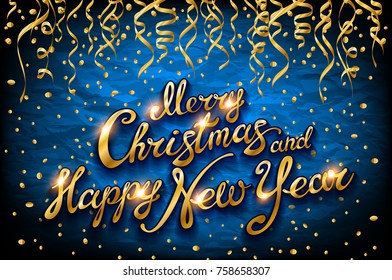 Christmas and New Year typographical on blue background with Gold glitter texture. Vector illustration for golden shimmer background. Xmas card. Vector Illustration art