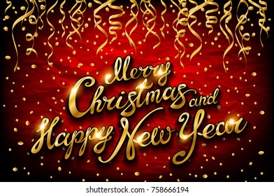 Christmas and New Year typographical on red background with Gold glitter texture. Vector illustration for golden shimmer background. Xmas card. Vector Illustration art