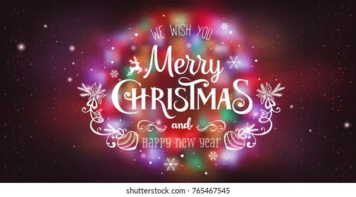 Christmas and New Year Typographical on shiny Xmas background with winter landscape with snowflakes, light, stars. Merry Christmas card. Vector Illustration