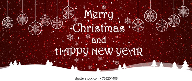 Christmas and New Year Typographical on shiny Xmas background with winter landscape with snowflakes, light, stars. Merry Christmas card. Vector Illustration