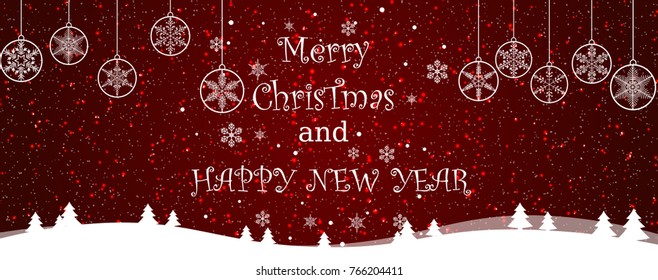 Christmas and New Year Typographical on shiny Xmas background with winter landscape with snowflakes, light, stars. Merry Christmas card. Vector Illustration