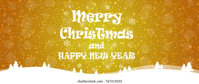 Christmas and New Year Typographical on shiny Xmas background with winter landscape with snowflakes, light, stars. Merry Christmas card. Vector Illustration