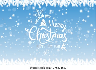 Christmas and New Year Typographical on shiny Xmas background with winter landscape with snowflakes, light, stars. Merry Christmas card. Vector Illustration