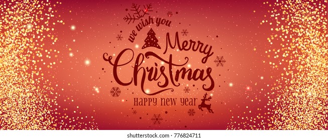 Christmas and New Year typographical on red background with Gold glitter texture. Vector illustration for golden shimmer background. Xmas card. Vector Illustration
