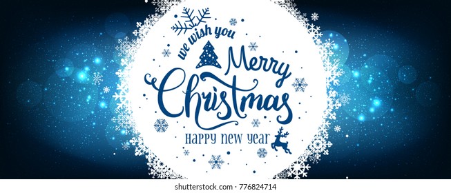 Christmas and New Year typographical on holidays background with snowflakes, light, stars. Vector Illustration. Xmas card