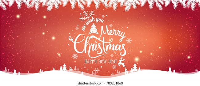 Christmas and New Year Typographical on red Xmas background with winter landscape with snowflakes, light, stars. Merry Christmas card. Vector Illustration