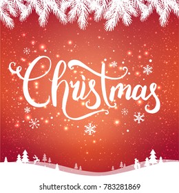 Christmas and New Year typographical on red background with winter landscape with snowflakes, light, stars. Xmas card. Vector Illustration