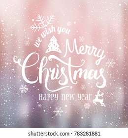 Christmas and New Year typographical on shiny background with winter landscape with snowflakes, light, stars. Xmas card. Vector Illustration