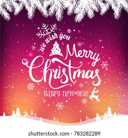 Christmas and New Year typographical on shiny background with winter landscape with snowflakes, light, stars. Xmas card. Vector Illustration