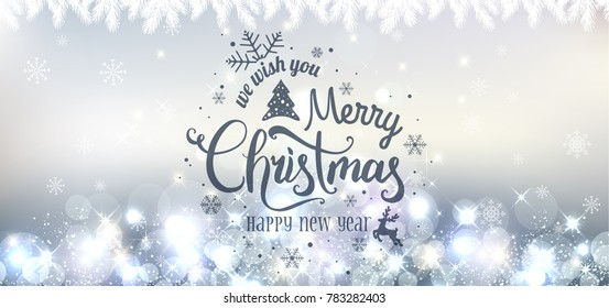 Christmas and New Year typographical on shiny background with winter landscape with snowflakes, light, stars. Xmas card. Vector Illustration