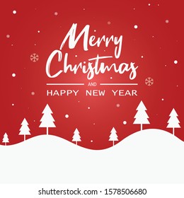 Christmas and New Year Typographical with snowfall on red background, Merry Christmas card. Vector Illustration